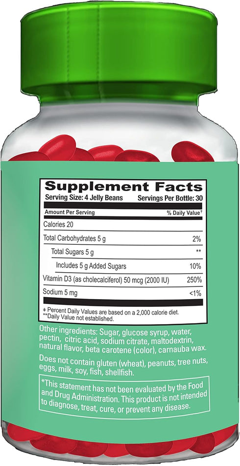 Vitamin D3 Jelly Bean Gummies for Adults, Immunity Support, 2000 IU Vitamin D, Nutritional Vegetarian Supplements, 120 Strawberry Blast Jelly Bean...