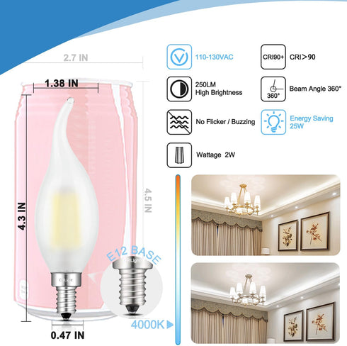 CRLight 2W 4000K LED Candelabra Bulb Daylight White Glow, 25W Equivalent 250LM, E12 Chandelier Dimmable LED Light Bulbs, Antique Edison C35 Froste...