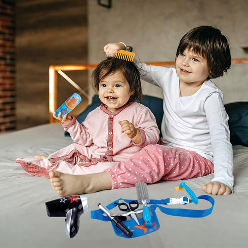 deAO Stylist Hairdresser Barber Salon Role Play Set with Hairdryer, Curling Iron, Belt and Styling Accessories Included – Great Pretend Play Set f...