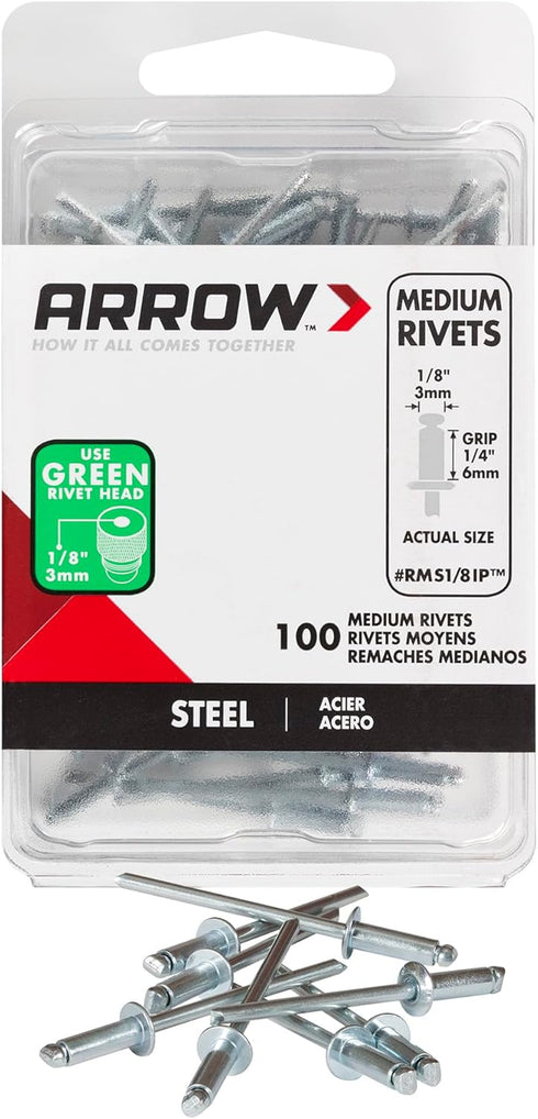 Arrow Fastener RMS1/8IP Medium Steel 1/8-Inch Pop Rivets for Metal, Fabric, Leather, and Auto Repair, 100-Pack, 1/8 Inch, 100...