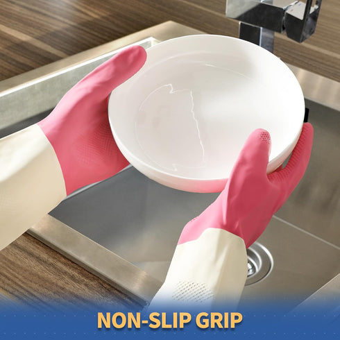 BOOMJOY Latex Cleaning Gloves, Heavy Duty Dishwashing Gloves, Reusable Medium Gloves for Kitchen, Bathroom, Gardening, Working, Pet Care - Pink-Be...