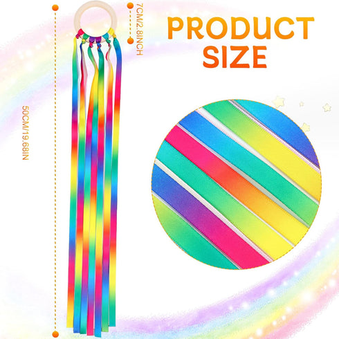 12 Pcs Rainbow Ribbon Wooden Waldorf Toys Creative Waldorf Hand Kite Set Streamers with Wood Ring Sensory Learning Educational Toy for Playroom Da...