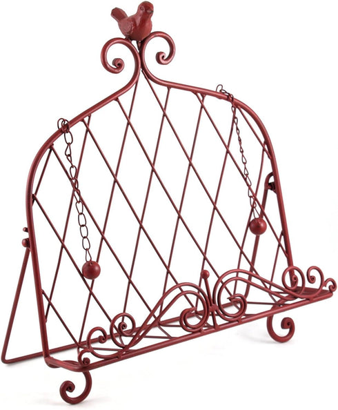 Iron Cookbook Stand ~ Book Holder Adorned with Bird ~ Worn Red Color...