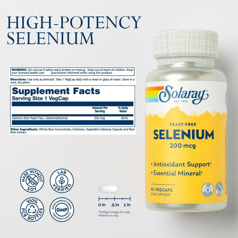 Solaray Yeast Free Selenium 200mcg, Selenium Capsules for Healthy Thyroid Function & Immune Support, High Absorption Supplement, Vegan, 90 Serving...
