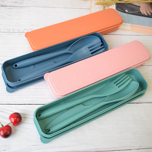JIABEIUS Large Travel Utensils with Case, 4 Pack Wheat Straw Flatware Reusable Utensils, Portable Travel Cutlery Set for Lunch School Picnic Campi...