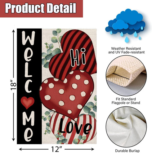 Love Heart Welcome Garden Flag, 12 X 18 Double-Sided Valentine's Day Anniversary Wedding Yards Decor, Burlap House Banner Outdoor Decoration...