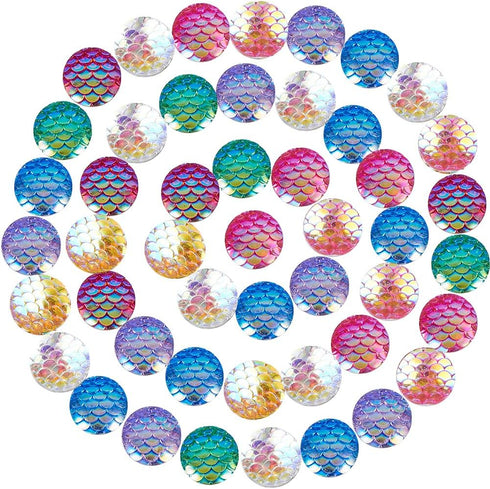 SUNNYCLUE 160pcs 8 Color(20pcs/Color) 12mm Flat Back Mermaid Fish Scale Resin Cabochons Round Iridescent Cameo Sparkly Glitter Cabs for DIY Earrin...