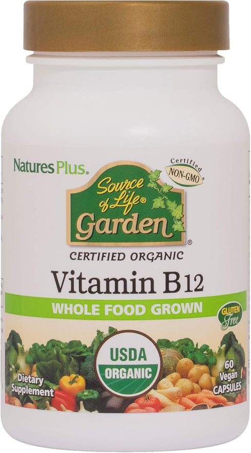 Natures Plus Source of Life Garden Certified Organic Vitamin B12-1000 mcg methylcobalamin, 60 Vegan Capsules - Whole Food Vitamin B12 Supplement -...