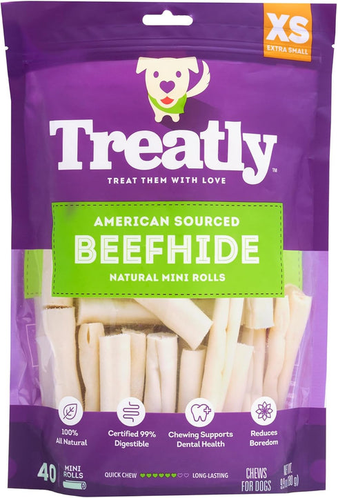 American Sourced Beefhide Mini Rolls 3-3.5" Dog Chew Treats - Natural Flavor, 40 Count/1 Pack...
