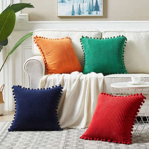 Fancy Homi Pack of 2 Corduroy Soft Decorative Throw Pillow Covers with Pom-poms, Solid Square Cushion Case Pillow Cases Set for Couch Sofa Bedroom...