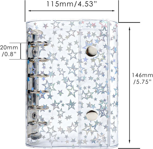 A7 Budget Binder Cover Clear PVC 6 Ring Binder Glitter Star Refillable Notebook Shell Protector with 2 Snaps for Cash Envelopes System Journal Alb...