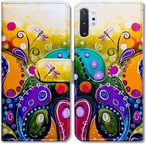 Case for Galaxy Note 10 Plus, Colorful Dragonfly Wallet Leather Cover Case with Kickstand and Card Holder Slots Side Pocket Magnetic Closure for S...