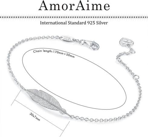 AmorAime 925 Sterling Silver Bracelet for Women Lucky Simple Feather Bracelets Love for Festival, Vacation or Holiday...