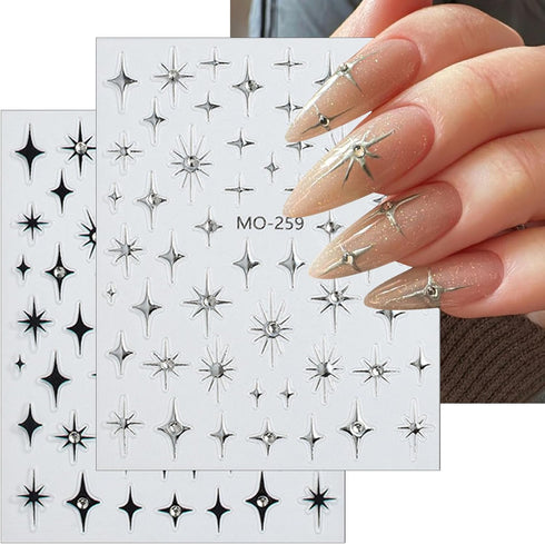 Star Nail Stickers 3D Self-Adhesive Black Silver Star Nail Art Stickers Shiny Crystal Starshine with Rhinestones Nail Design Star Stickers Nail Su...