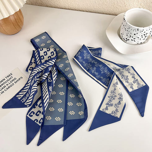 Retro small silk scarf girl heart spring and summer narrow ribbon headband headband bag decoration long scarf headdress (blue hair band 5pcs)...