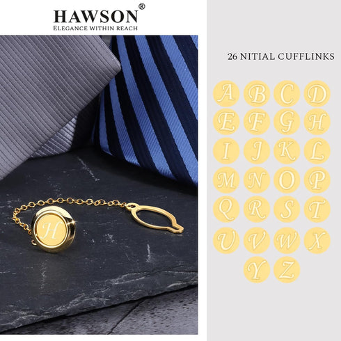 HAWSON Mens Tie Tacks for Men with Chain Round Gold Tie Pins Wedding Business Birthday Anniversary Initials A-Z Tie Clip Gifts...