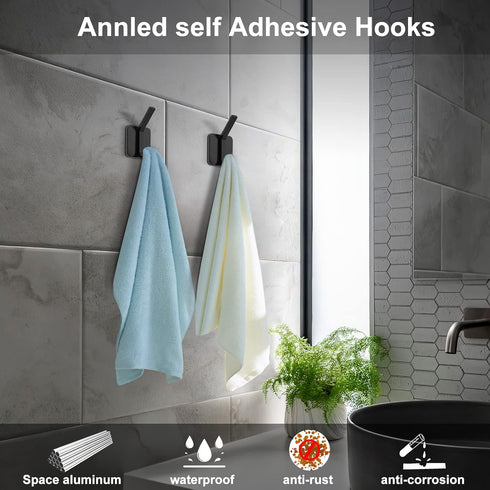 Adhesive Hooks - Stick Wall Hooks for Towel Robe Coat Bathroom,Bedroom,Kitchen - Black 4 Pack...