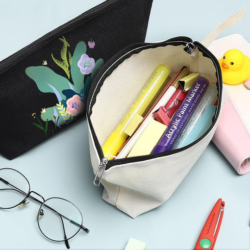10 Pieces Cotton Canvas Makeup Bag with Bottom, Multi-Purpose Cosmetic Bag with Zipper Travel Toiletry Pouch, Blank DIY Craft Bag Pencil Bag (M, B...