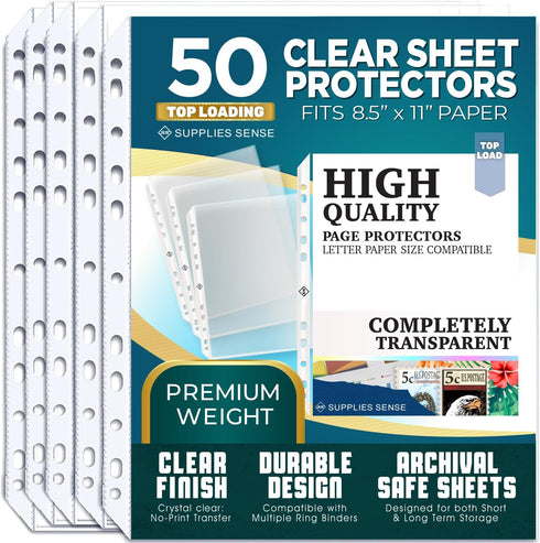Sheet Protectors for 3 Ring Binder, Premium Clear Plastic Page Protectors for 3 Ring Binder, Sleeves 8.5 x 11 for Paper & Documents (50)...