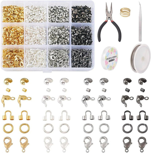 Pandahall 2045Pcs Jewelry Findings Kit 4 Colors Crimp Beads Covers Wire Guardians Jump Rings Lobster Claw Clasp Bead Tips with Pliers Beading Wire...
