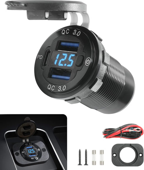 12v USB Outlet, Quick Charge 3.0 Dual USB and PD USB C Socket Power Outlet with On Off Switch,12 Volt USB Charger Socket,Waterproof 12V/24V Fast C...