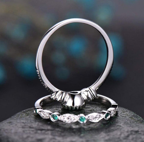 Yaya 925 Silver Halo Floral Art Deco Wedding Engagement Ring Round Cubic Zirconia Simulated Emeralds Bridal Stackable Ring Set for Women Size 6-10...