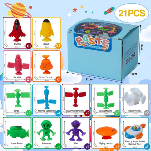 Suction Bath Toys for Kids, 21 Pcs Silicone Outer Space Themed Suction Cup Toys with Wind-Up Toys, No Hole Bath Toy, Sensory Window Building Toys ...