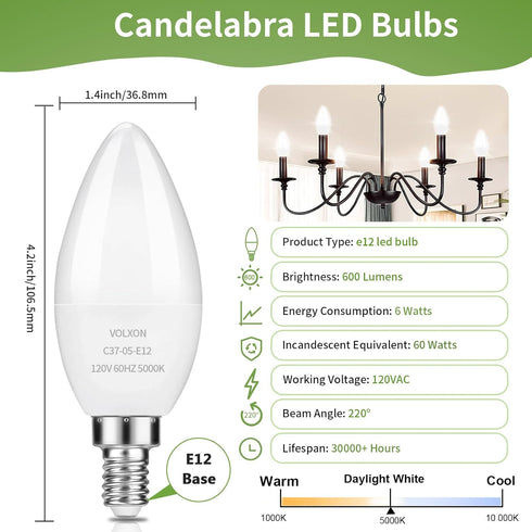 LED Candelabra Bulbs, E12 Ceiling Fan Light Bulbs Small Base, 6W Equivalent 60W, Daylight White 5000K 600 Lumens, B10/B11 Type B Chandelier Light ...