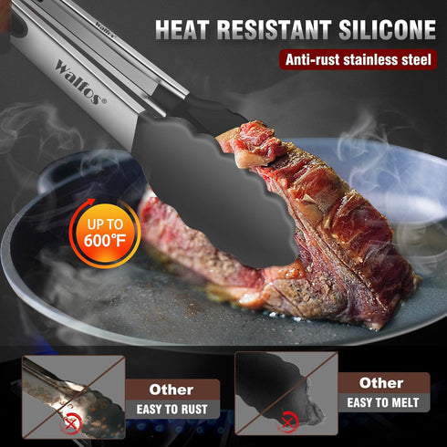 Walfos Silicone Tongs for Cooking - Heat Resistant Kitchen Tongs Set of 3 for Cooking, Grilling, Turning, Stainless Steel and BPA Free Silicone Ti...