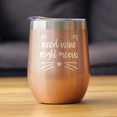 Bevvee Need Wine Right Meow - Cat Wine Tumbler Glass with Sliding Lid - Stemless Stainless Steel Insulated Cup - Funny Cute Gifts - Rose Gold...