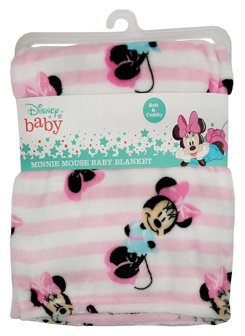 Disney Cudlie Baby Girl Minnie Mouse 1-Ply Flannel Fleece Blanket with Simply Stripe Print...