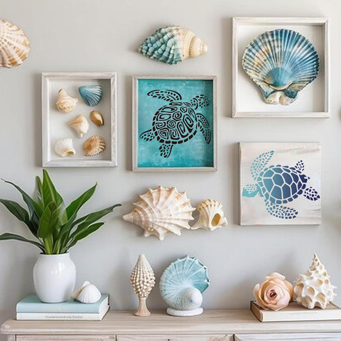 12 Pcs Sea Turtle Stencils, Ocean Creatures Animals Stencils Beach Template Stencils for Painting on Wood Wall Canvas Fabric Furniture Rocks Glass...