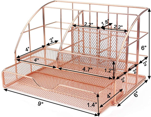 Ogrmar Rose Gold Desk Supplies Organizer, Multi-functional Mesh Desk Organizer with 6 Compartments & Desk Drawer Organizer for Office Supplies and...