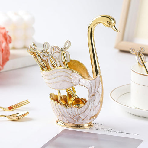 Gold Swan Base Holder,Table Decorative Swan Dessert Spoons Organizer Base Spoons Holder with 6pcs Coffee Spoon set,Elegant Gold Dessert Spoons,Pre...