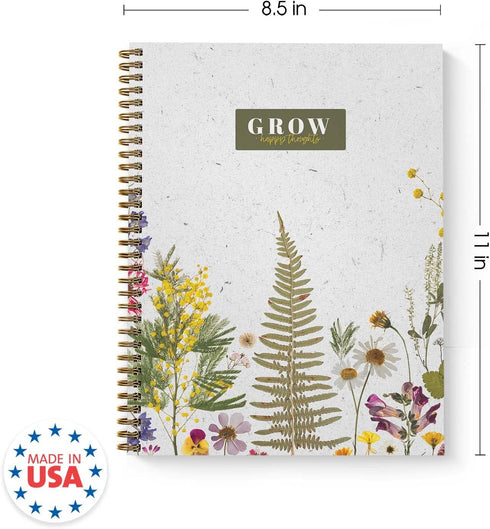 Grow Happy Thoughts Floral Spiral Notebook / 8.5" x 11" Journal / 120 College Ruled Pages/Durable Gloss Laminated Softcover/Gold Wire-o Spiral Bin...