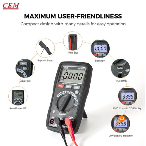 CEM DT-913T Digital Multimeter TRMS 4000 Counts Voltmeter Auto-Ranging Fast Accurately Measures LCD display Voltage Current Amp Resistance Diodes ...