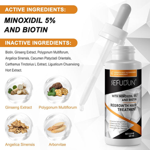 5% Minoxidil for Men Women, Minoxidil for Beard and Hair, Hair Growth Serum Infused Biotin for Thinning Hair and Hair Loss, Topical Solution - 1 M...