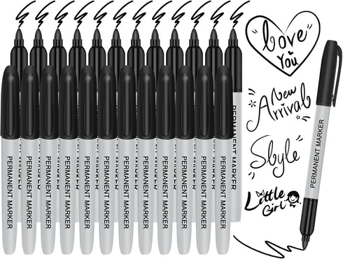 Permanent Marker Pens, 24 Counts Black Fine Point Permanent Marker Sets for Writing Doodling Marking Coloring...