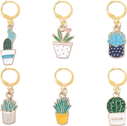 Stiesy Pot Plant Theme Stitch Markers with Brass Leverback Clasps Enamel Cactus Locking Crochet Stitch Marker Charms DIY Handmade Gift for Weaving...
