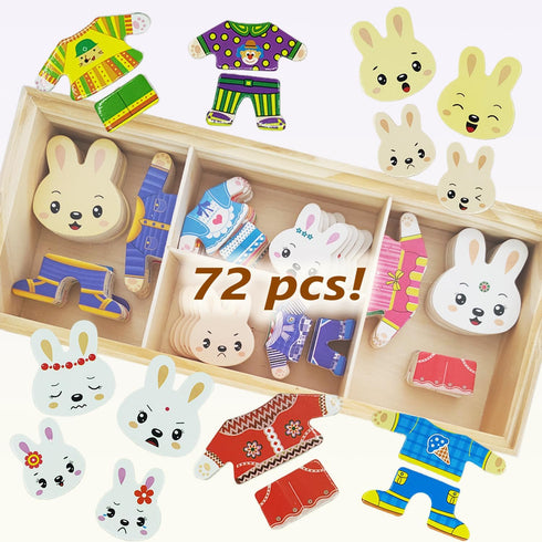 Wooden Bunny Family Dress-up Puzzle Box for Toddlers(72pcs),Change Clothes Puzzle Games, Preschool Learning Activities Toys for Kids Ages 3+...