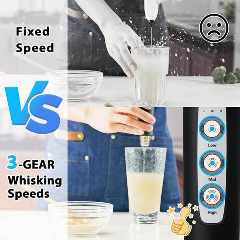 Milk Frother with Stand Rechargeable-Handheld Coffee Frother with 3 Stainless Whisks 3 Speed Adjustable, Electric Whisk Drink Mixer, Foam Maker Bl...