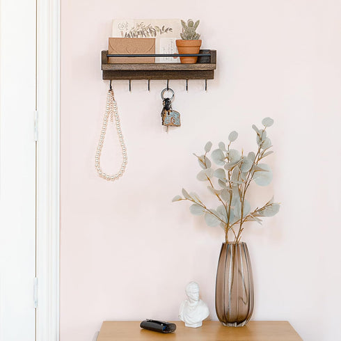 Mkono Key Holder for Wall 9.5" x 3.5" x 2.5" Small Rustic Wood Key Rack with 6 Hooks Decorative Display Keys Hanger Organizer for Entryway Living ...