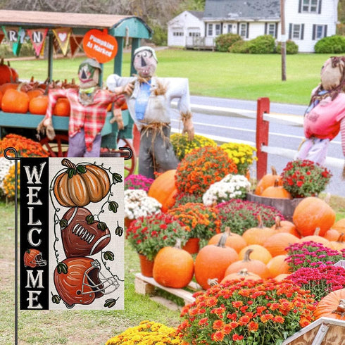 Fall Football Welcome Garden Flags 12x18 Inch Vertical Double Sided, Pumpkin Autumn Sports Game Day Sign Thanksgiving Seasonal Yard Outside Decor ...