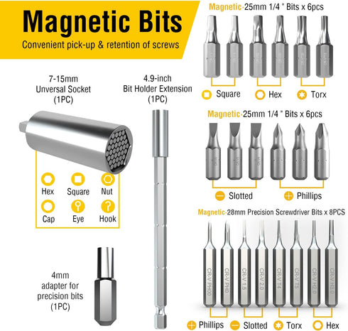 AZUNO 24 IN 1 Ratchet Screwdriver Set with Universal Socket, 20 CRV Bits Stored in Handle, 12+8 Slotted/Philips/Torx/Hex/Square Sand Blasted Bits ...
