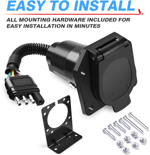 MICTUNING 4-Way Flat to 7-Way Round Blade Trailer Adapter Wiring Plug Connector with Mounting Bracket...