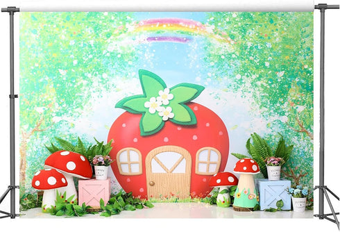 Yeele 7x5ft Strawberry Birthday Backdrop Cartoon Green Tree Rainbow Mushroom House Photography Background Berry One Sweet Girl Birthday Baby Showe...