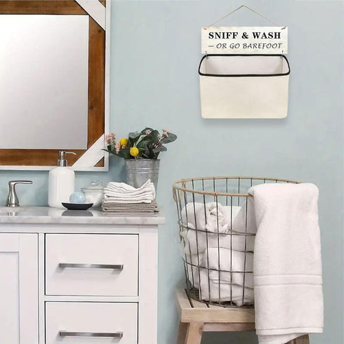 Laundry Room Decor and Organization: Wall-Hanging Lost Socks Storage Bag, Funny Wooden Sign - Single Canvas Basket for Sock Organization (SNIFF & ...
