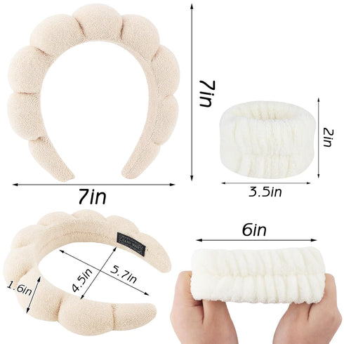 4Pcs Spa Headband for Washing Face Wristband Set Sponge Makeup Skincare Terry Cloth Headband Bubble Soft Get Ready Hairband Women Puffy Padded Hea...