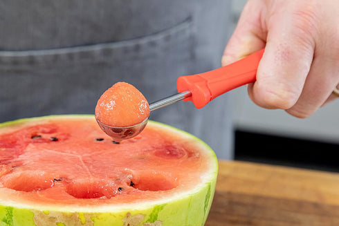 KitchenCraft Melon Baller Fruit Scoop, Soft Grip Easy to Clean Stainless Steel Head Cuts, 17cm (6.7"), Red...
