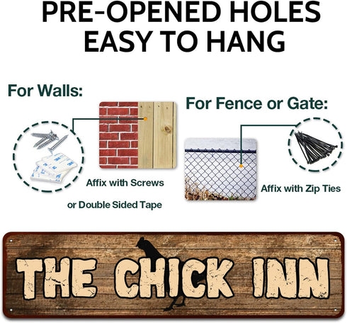 Rustic Metal "The Chick Inn" Tin Sign Art Wall Decor Funny Outdoor Garden Farm Signs, Chicken Gifts Coops Farmhouse Decor Hen House 4" by 16"...